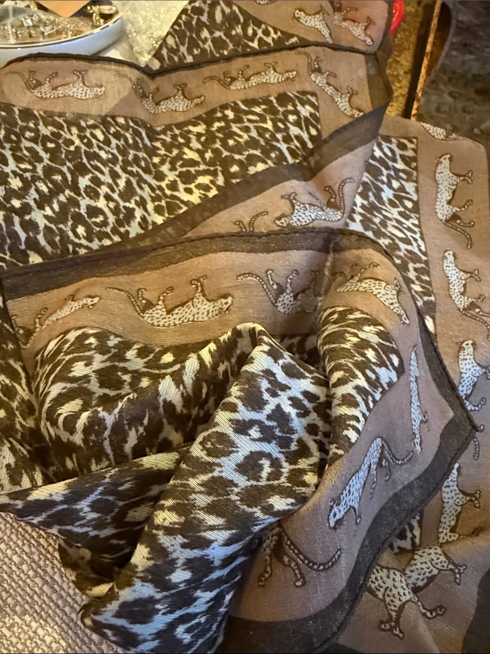 Vintage Krizia Silk Chiffon Leopard Animal Print Square Scarf Hand Rolled Hem